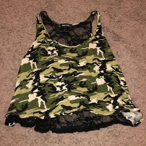 Camouflage print tank top with lace back